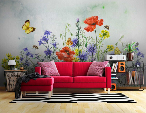 Schilderij van bloemen en vlinders Schilderij van bloemen en vlinders