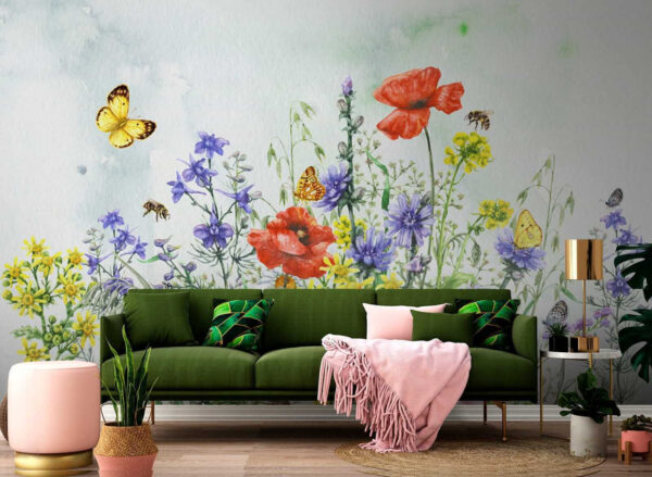 Schilderij van bloemen en vlinders Schilderij van bloemen en vlinders