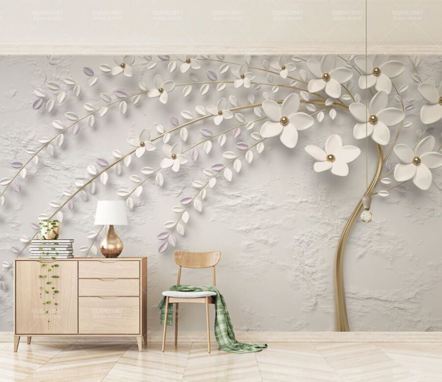 Fotobehang Elegante witte bloemen muurkunst