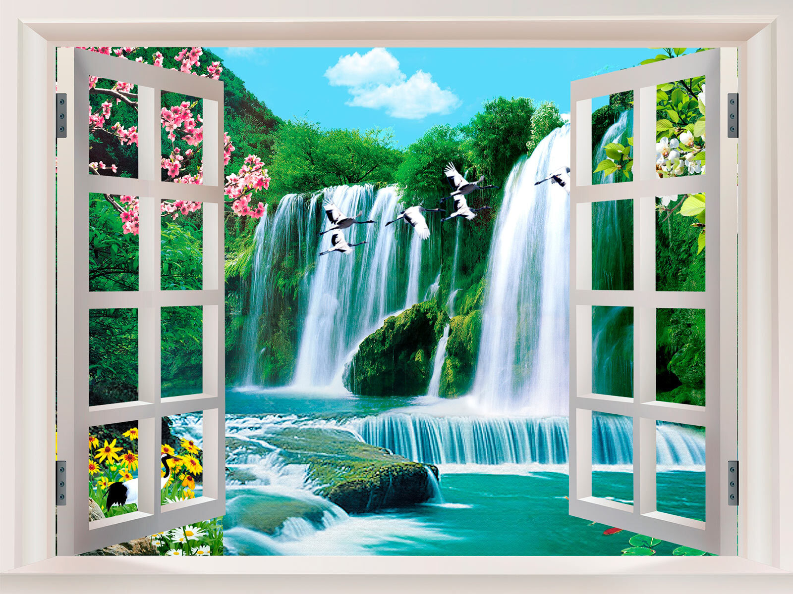 Window with a waterfall and birds flying through it