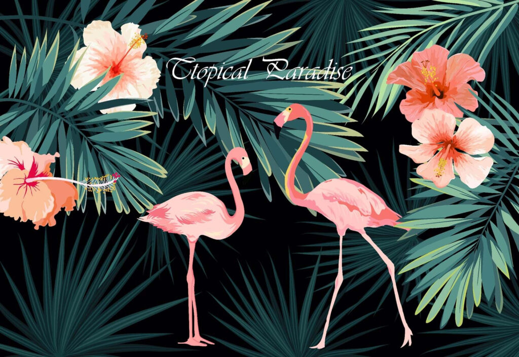 Paar roze flamingo's en bloemen Paar roze flamingo's en bloemen