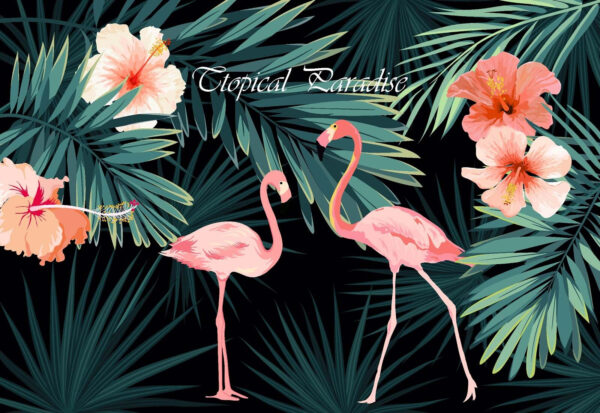 Paar roze flamingo's en bloemen Paar roze flamingo's en bloemen