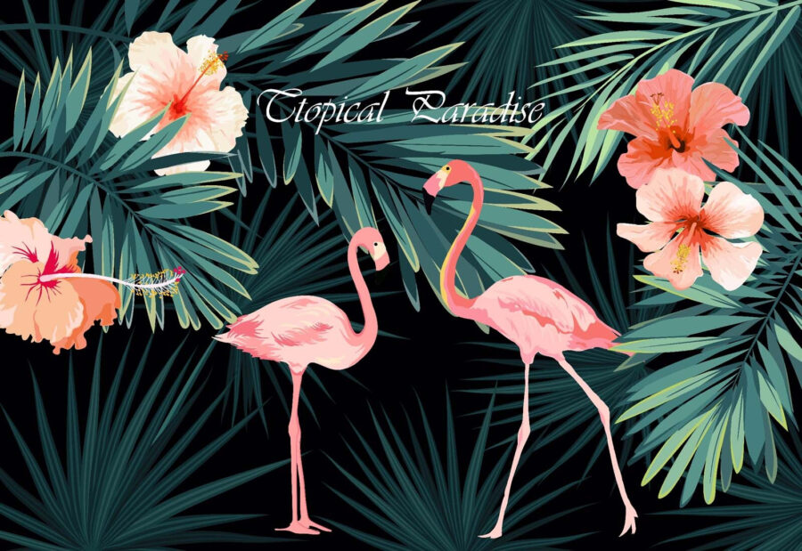 Paar roze flamingo's en bloemen