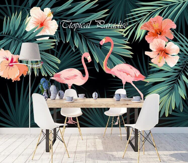 Paar roze flamingo's en bloemen