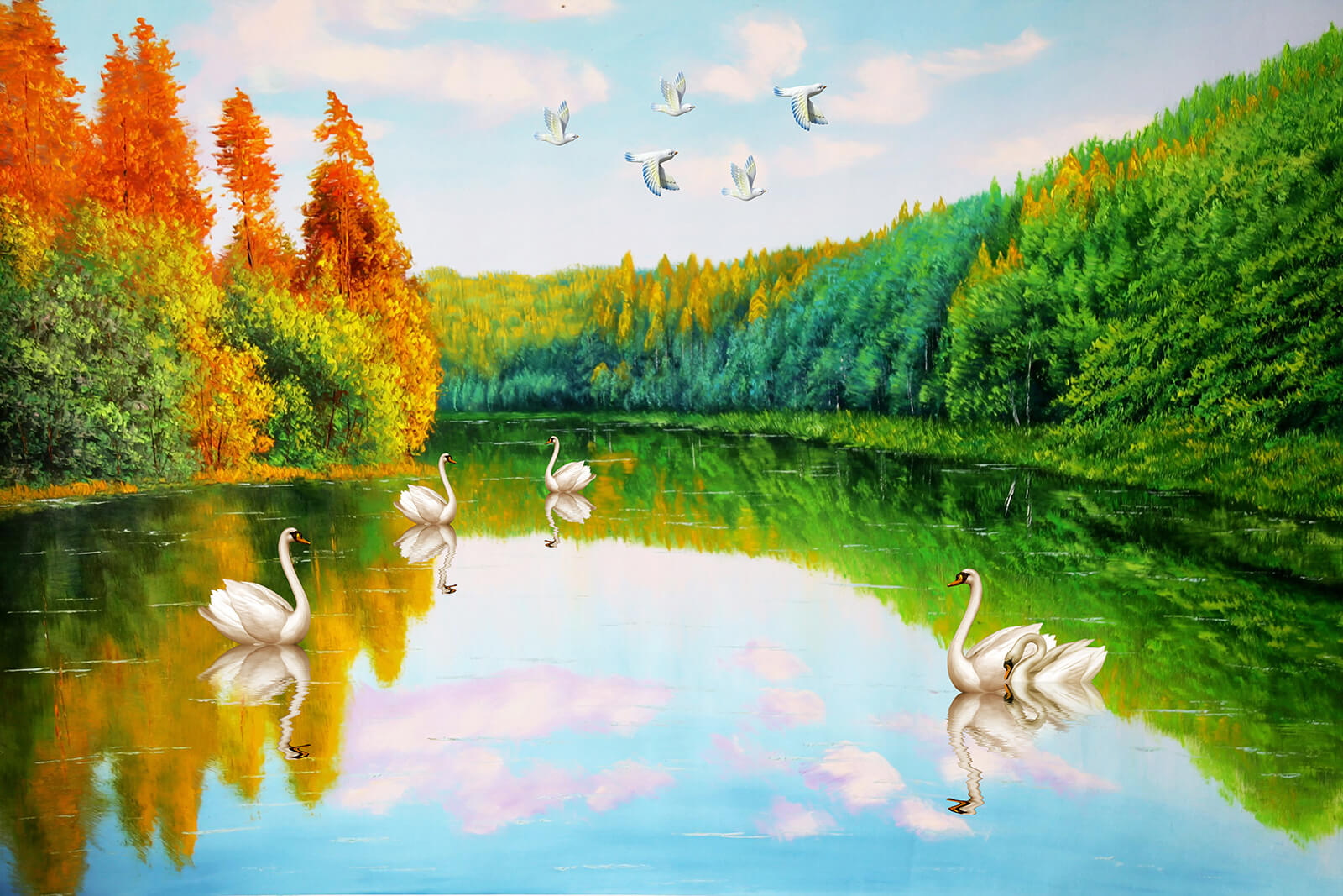 Schilderij van zwanen op een meer u45771p - Schilderij van zwanen op een meer - tegory