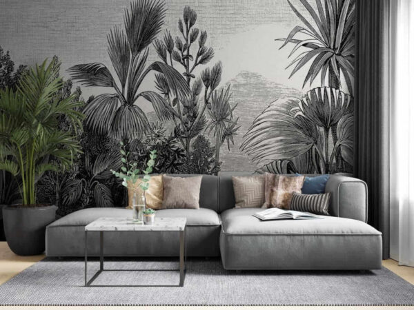 Fotobehang Fotobehang Zwart-wit tekening van een tropisch woud (Artikelnummer: u52597)