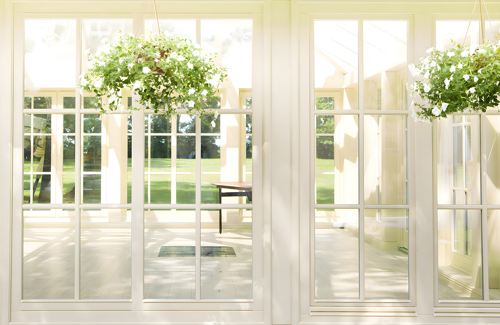 White patio door with glass windows and a potted plant from it White patio door with glass windows and a potted plant from it