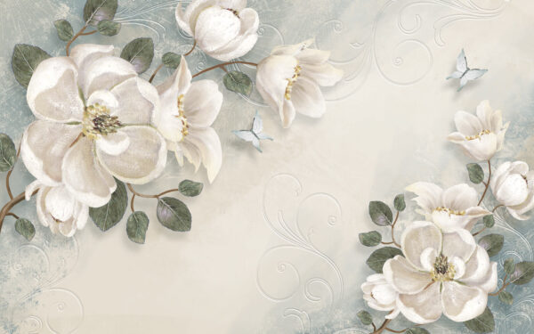 Witte bloemen en bladeren op een witte achtergrond Witte bloemen en bladeren op een witte achtergrond