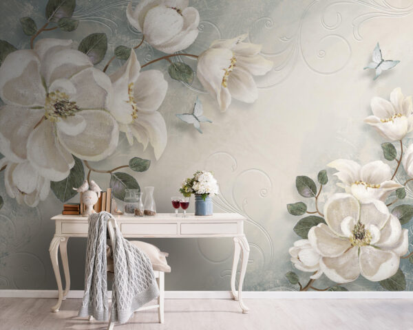 Witte bloemen en bladeren op een witte achtergrond Witte bloemen en bladeren op een witte achtergrond