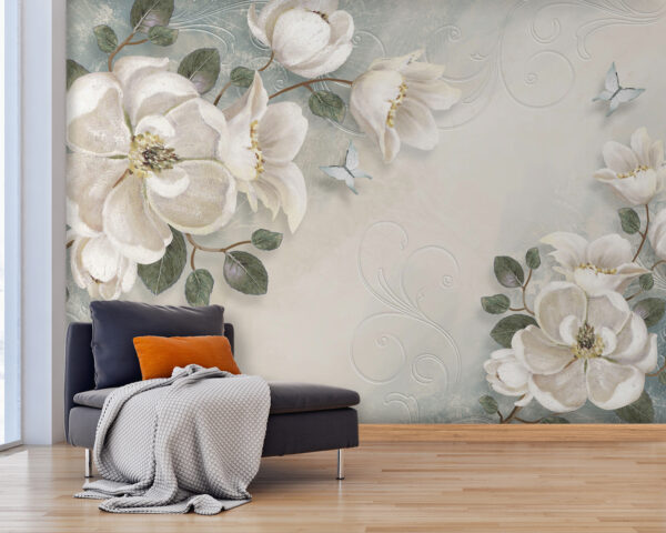 Witte bloemen en bladeren op een witte achtergrond Witte bloemen en bladeren op een witte achtergrond
