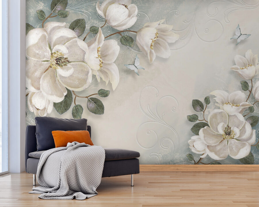 Witte bloemen en bladeren op een witte achtergrond