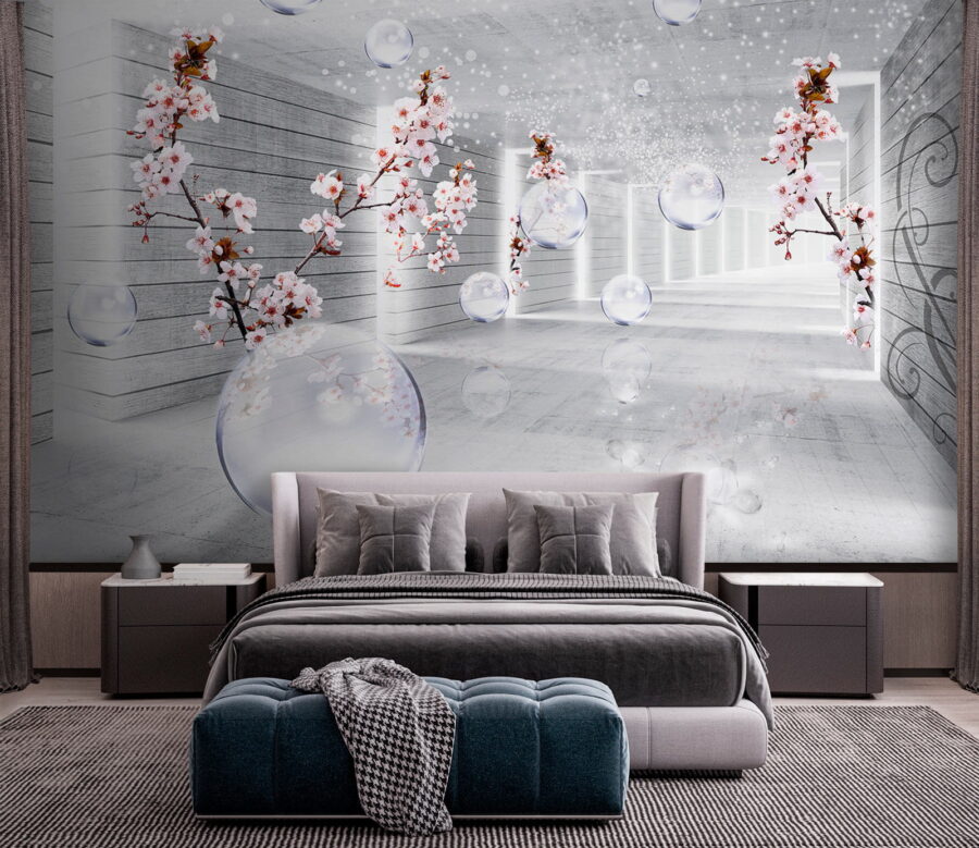 Witte kamer met bloemen en bubbels