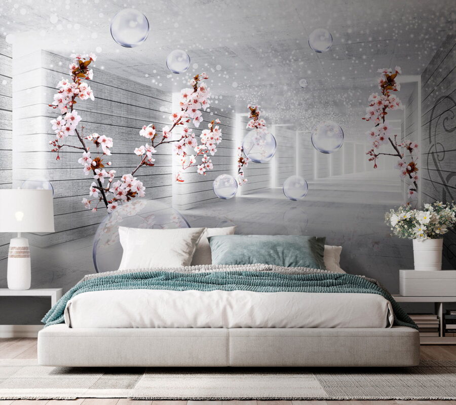 Witte kamer met bloemen en bubbels