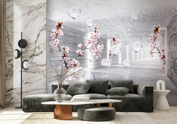 Witte kamer met bloemen en bubbels Witte kamer met bloemen en bubbels