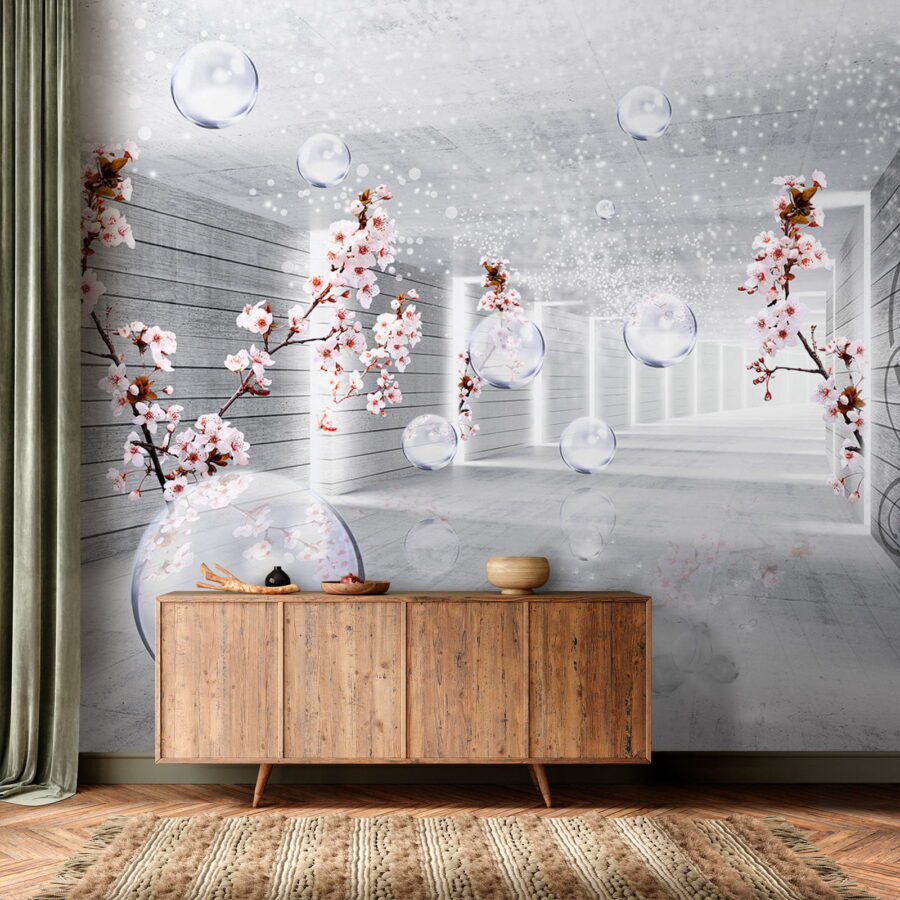 Witte kamer met bloemen en bubbels