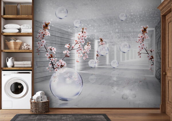 Witte kamer met bloemen en bubbels Witte kamer met bloemen en bubbels