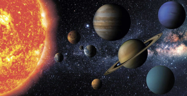 Planeten in de ruimte met sterren en een heldere ster Planeten in de ruimte met sterren en een heldere ster