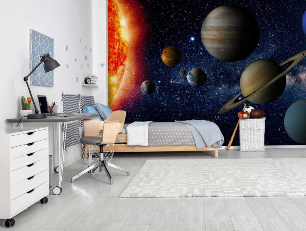 Planeten in de ruimte met sterren en een heldere ster Planeten in de ruimte met sterren en een heldere ster