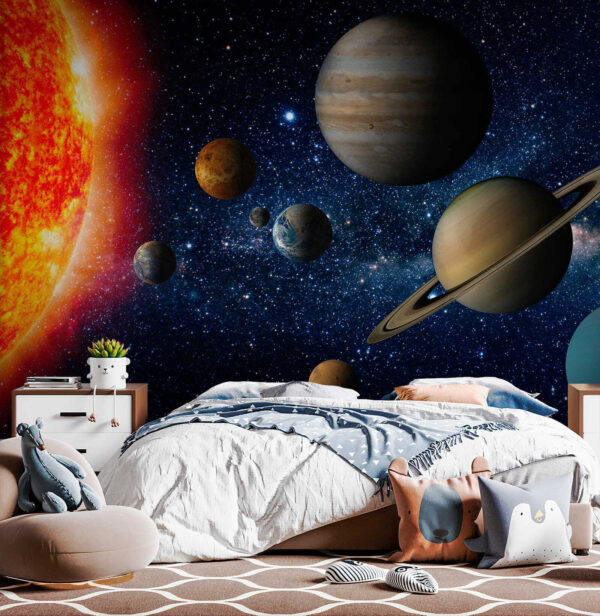Planeten in de ruimte met sterren en een heldere ster Planeten in de ruimte met sterren en een heldere ster