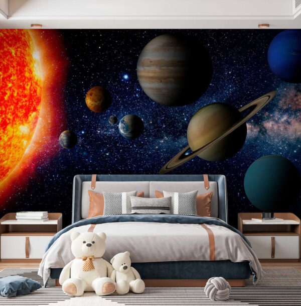 Planeten in de ruimte met sterren en een heldere ster Planeten in de ruimte met sterren en een heldere ster