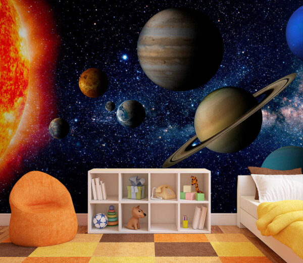 Planeten in de ruimte met sterren en een heldere ster Planeten in de ruimte met sterren en een heldere ster