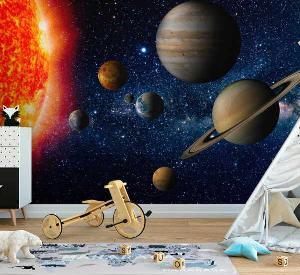 Planeten in de ruimte met sterren en een heldere ster Planeten in de ruimte met sterren en een heldere ster