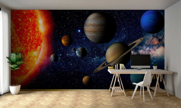 Planeten in de ruimte met sterren en een heldere ster Planeten in de ruimte met sterren en een heldere ster