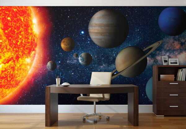 Planeten in de ruimte met sterren en een heldere ster Planeten in de ruimte met sterren en een heldere ster