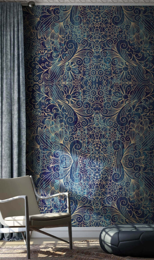 Gecompliceerd blauw symmetrisch bloemmotief Fotobehang Gecompliceerd blauw symmetrisch bloemmotief