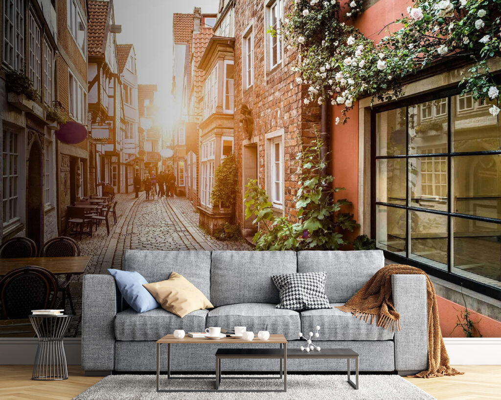 Street with buildings and tables and chairs Street with buildings and tables and chairs