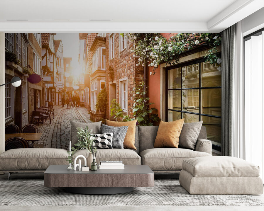 Straat met gebouwen en tafels en stoelen