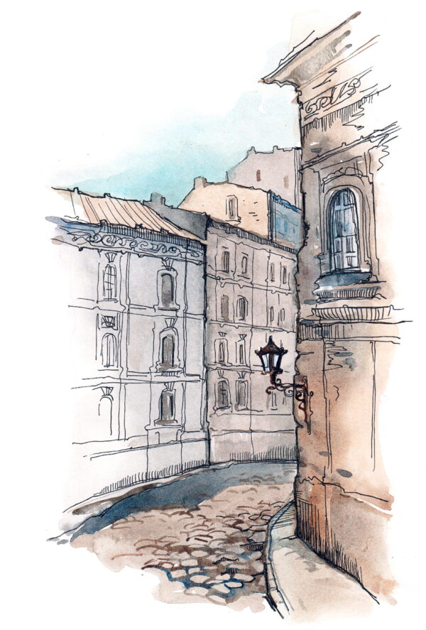 Tekening van een straat met gebouwen Tekening van een straat met gebouwen