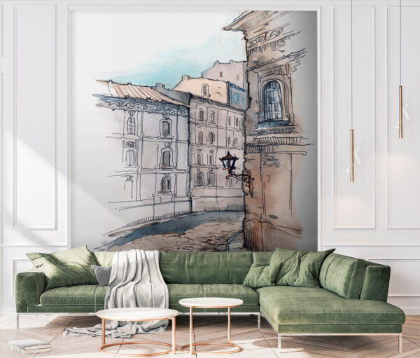 Tekening van een straat met gebouwen Tekening van een straat met gebouwen