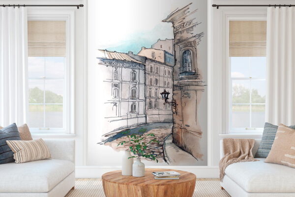 Tekening van een straat met gebouwen Tekening van een straat met gebouwen