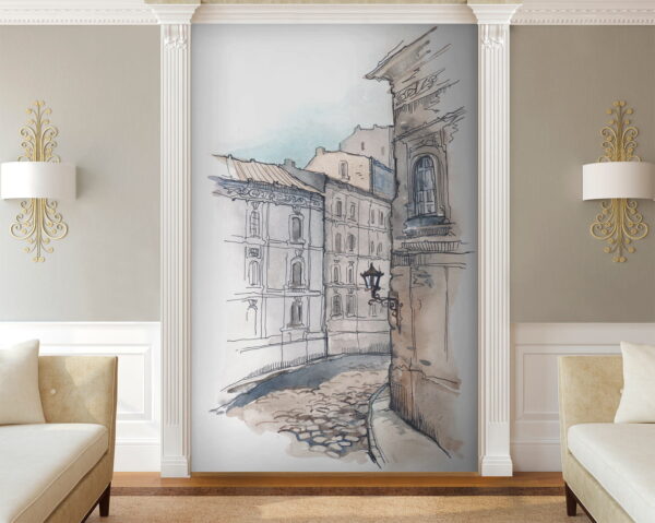 Tekening van een straat met gebouwen Tekening van een straat met gebouwen