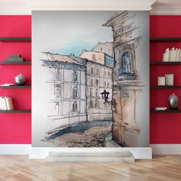 Tekening van een straat met gebouwen Tekening van een straat met gebouwen