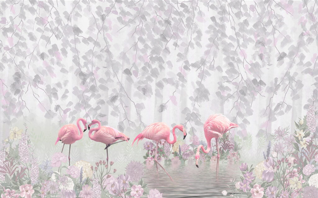 Groep roze flamingo's in een vijver met bloemen Groep roze flamingo's in een vijver met bloemen