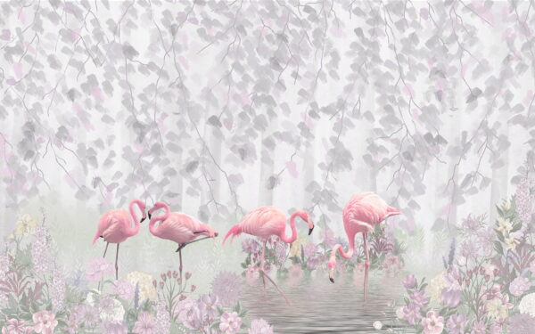 Groep roze flamingo's in een vijver met bloemen Groep roze flamingo's in een vijver met bloemen