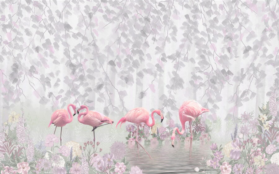 Groep roze flamingo's in een vijver met bloemen