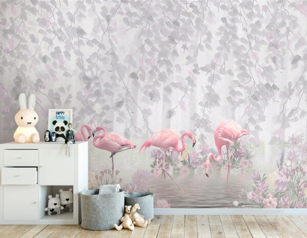 Groep roze flamingo's in een vijver met bloemen Groep roze flamingo's in een vijver met bloemen