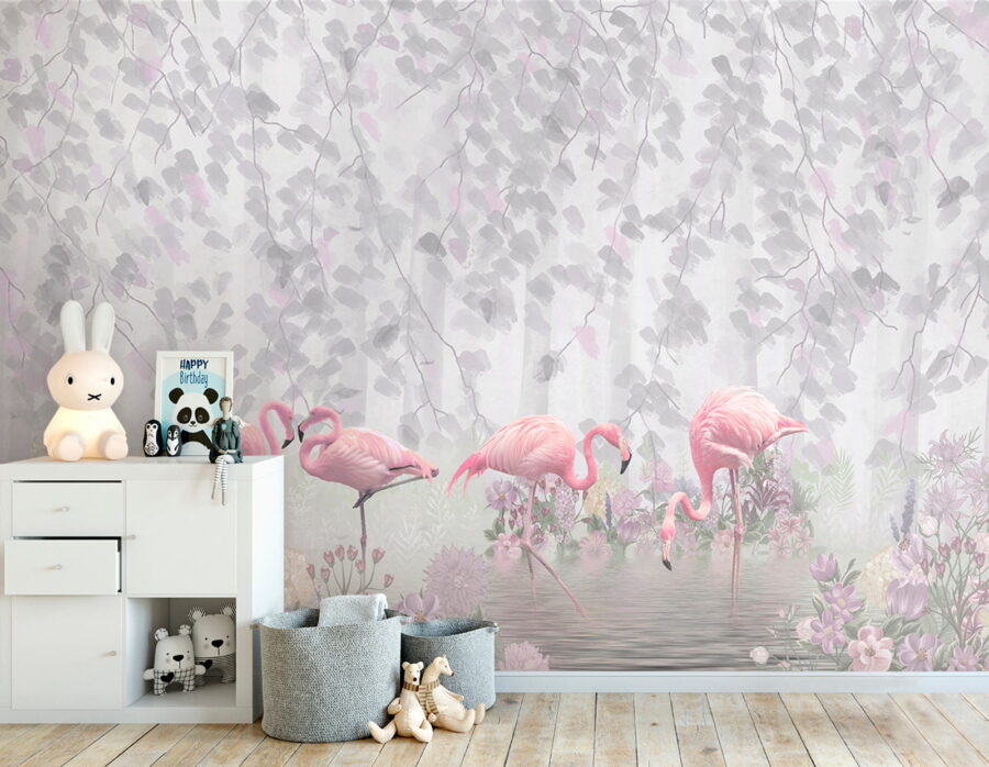 Groep roze flamingo's in een vijver met bloemen