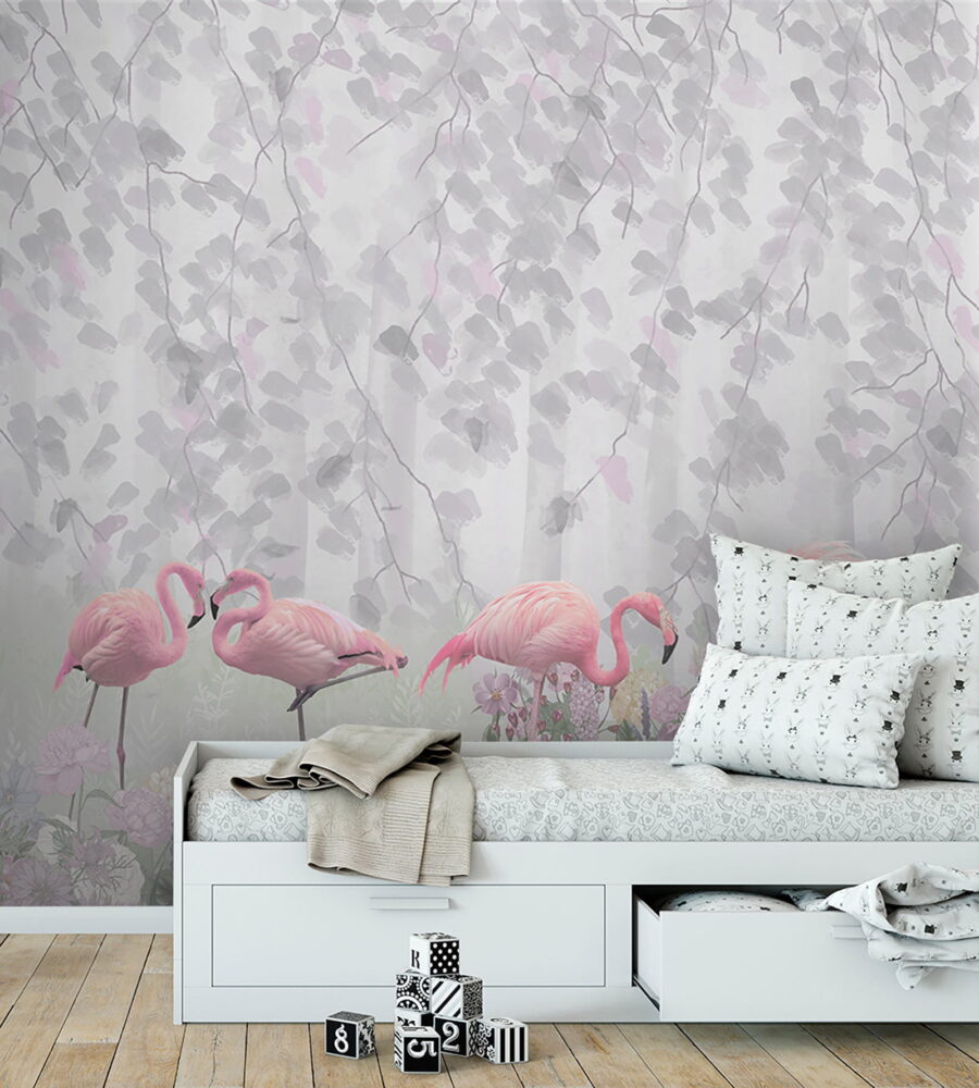 Groep roze flamingo's in een vijver met bloemen