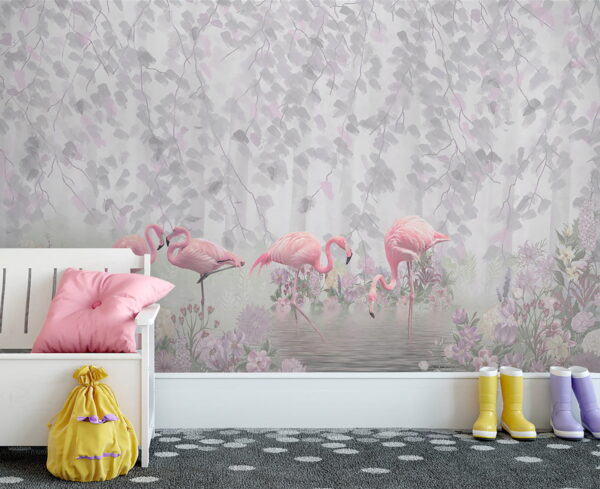 Groep roze flamingo's in een vijver met bloemen Groep roze flamingo's in een vijver met bloemen