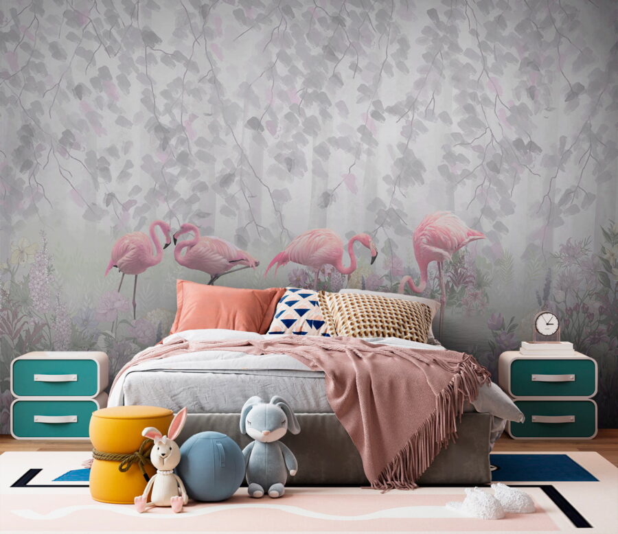 Groep roze flamingo's in een vijver met bloemen