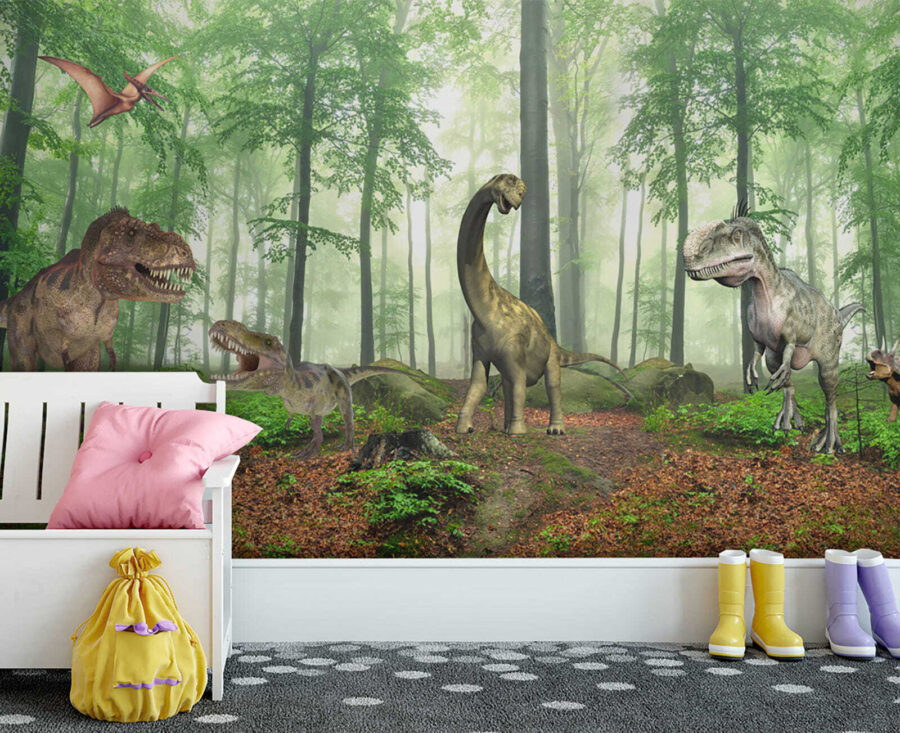 Groep dinosaurussen in een bos
