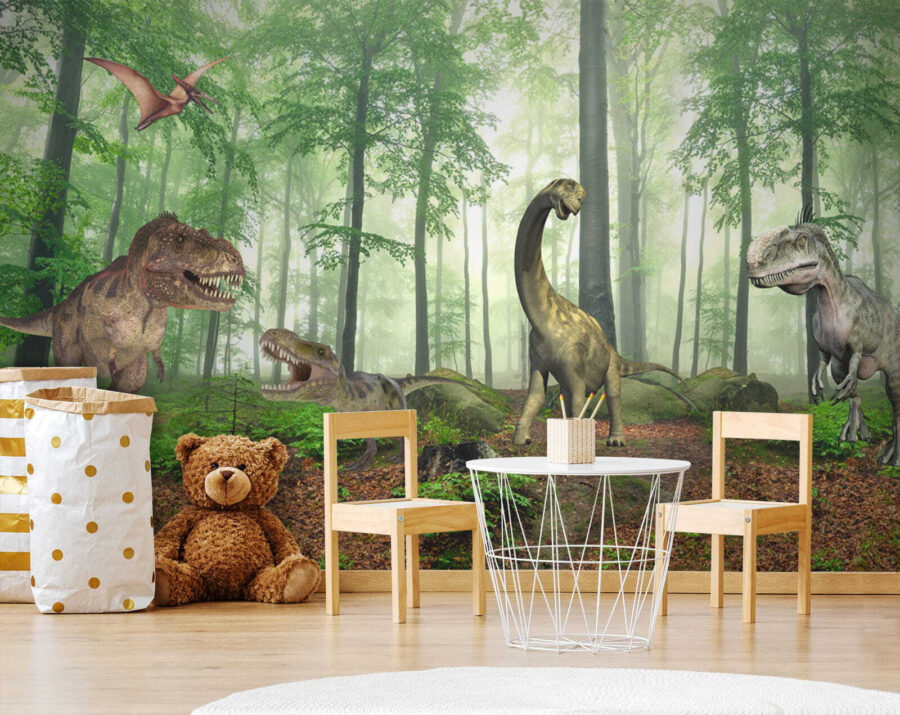 Groep dinosaurussen in een bos