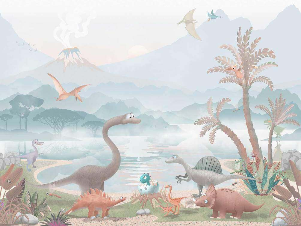 u60040v2p - Een groep dinosaurussen bij een meer - tegory