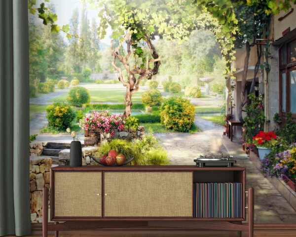 Stenen loopbrug met een boom en bloemen Stenen loopbrug met een boom en bloemen