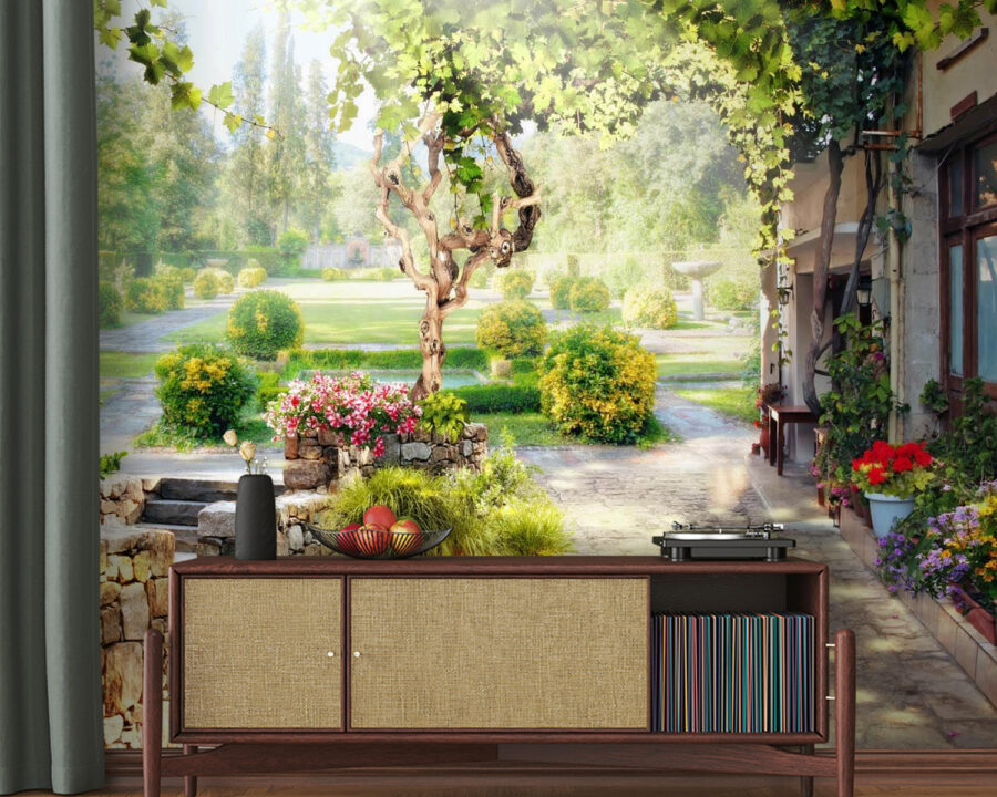 Stenen loopbrug met een boom en bloemen