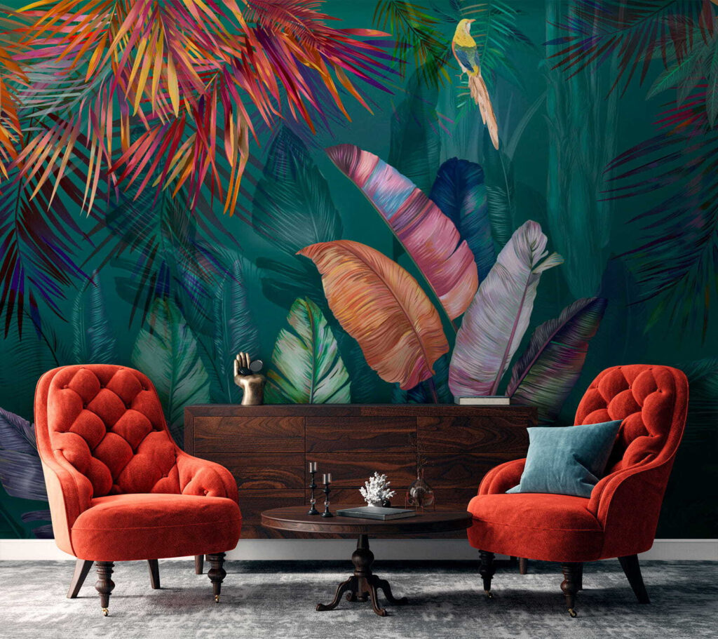 Colorful tropical leaves and birds